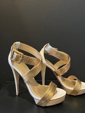 bebe Gold Snakeskin Platform Strappy Heels